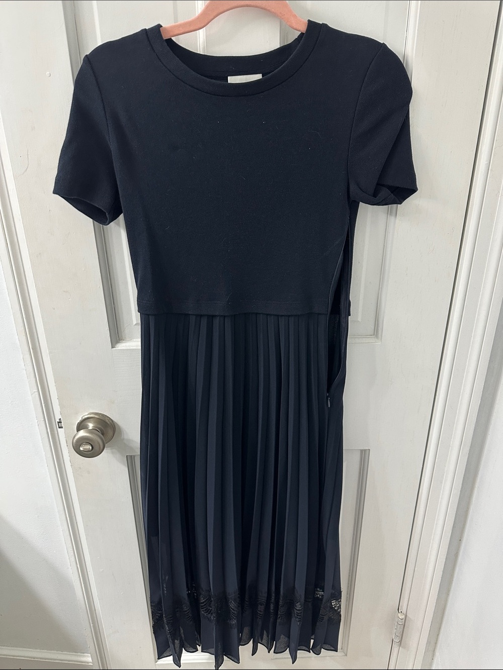 Navy Blue Pleated Midi Dress with Short Sleeve Top